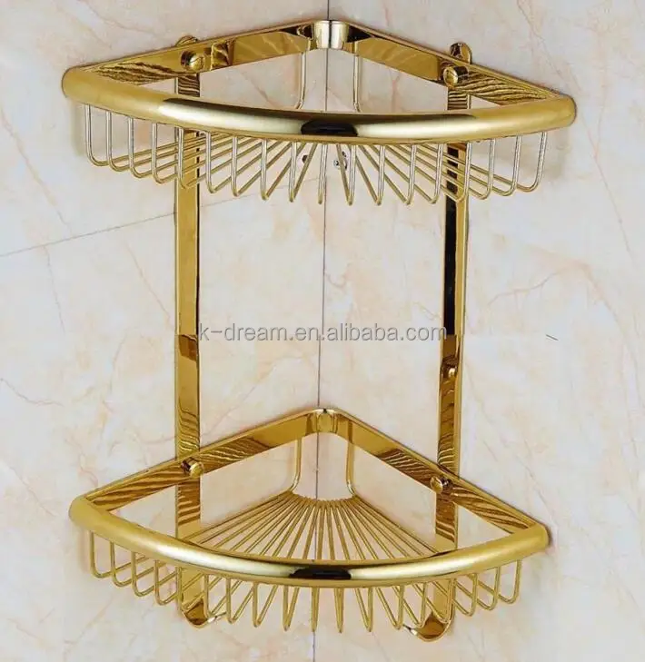 Gold Polished Brass Double-deck Corner Shelf Wall Mount Storage Basket Holder 
