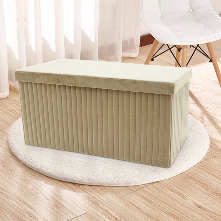 Folding Cube Home Velvet Fabric Beige Footstool Ottoman Storage Box Seat Bench