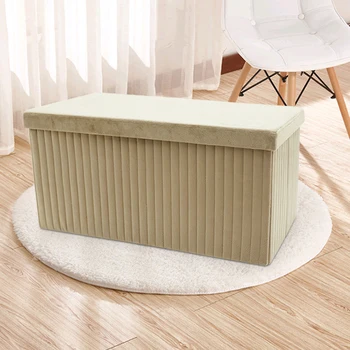 Folding Cube Home Velvet Fabric Beige Footstool Ottoman Storage Box Seat Bench