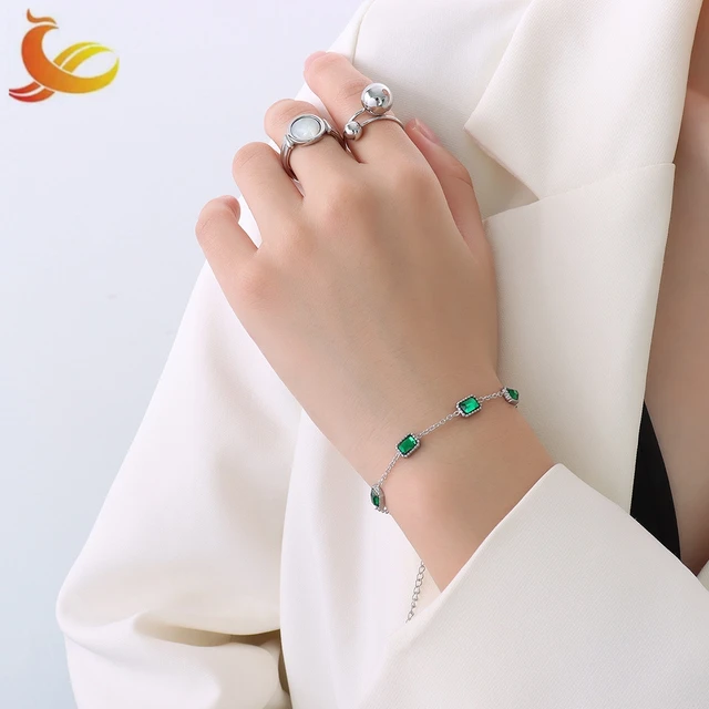 Stylish stainless steel chain bracelet with elegant emerald accents perfect for women and girls fashion jewelry gift