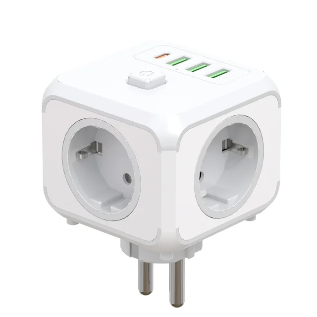 EU SOCKET TRAVEL ADAPTER SQUARE SIZE 3 OUTLETS WITH 3 USB AND 1 TYPE-C