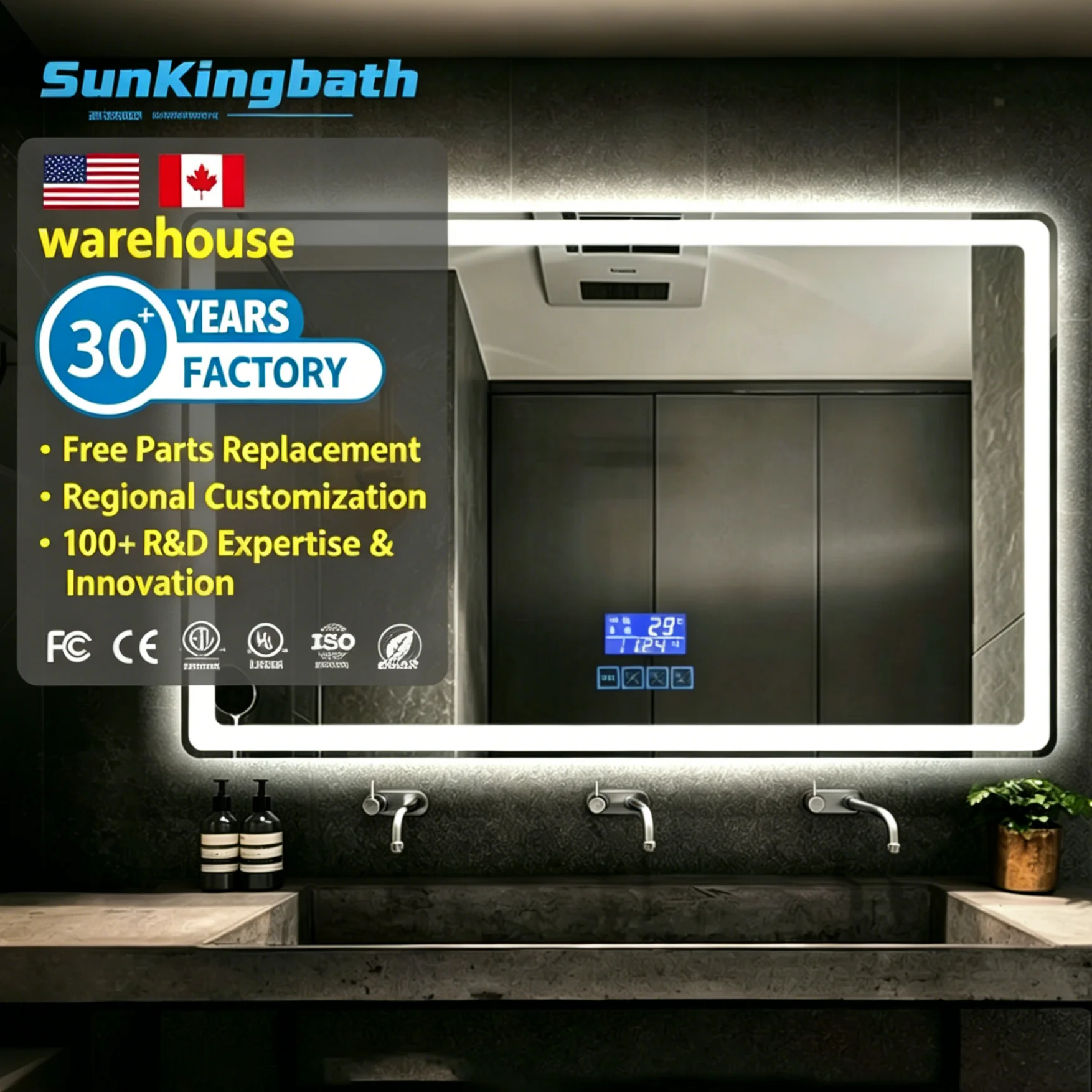 Anti-fog Smart Touch Switch Bathroom Modern Wall Led Mirror with Temperature Time Display for Hotel Villa Apartment Bathroom