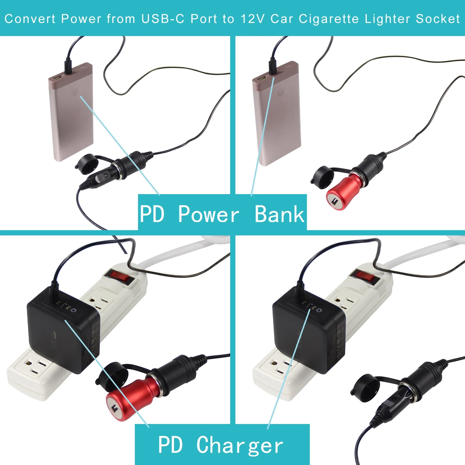 12V 24V Waterproof Type C to Female Cigar Extension USB C Power Cord Connector Charging Cable Car Charger Usb Cigarette Lighter 9