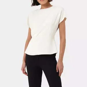 High Quality Ladies Blouse Elegant Office Ladies Sholid Color Boat Neck Peplum Hem Short Sleeve Pleated RuffleTop