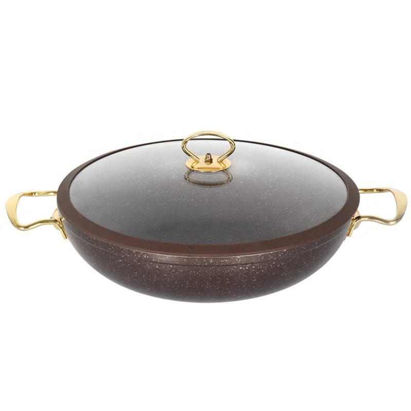 High Quality Cookware New Model Brown Color Durable Non Stick Marble Stone Coating Forged Wok Pan With Two Ear