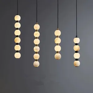 Modern Simple High-End Spanish Natural Marble Chandelier Hotel Decorative Copper Lamps for Living Room Bedside Pendant Lights