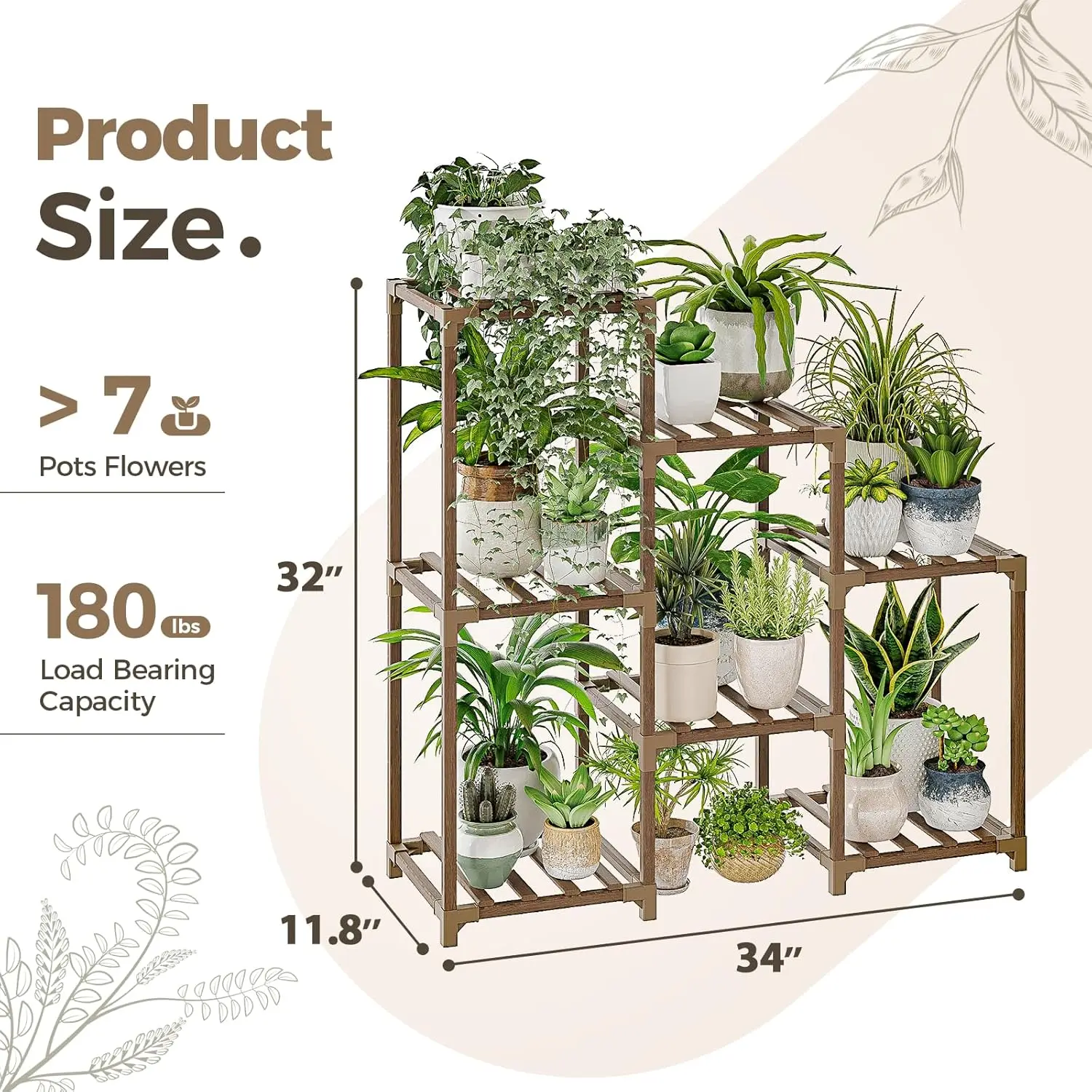 Bamworld三层环保木植物架室内/室外园艺架梯子花盆架波西米亚风格家用花盆