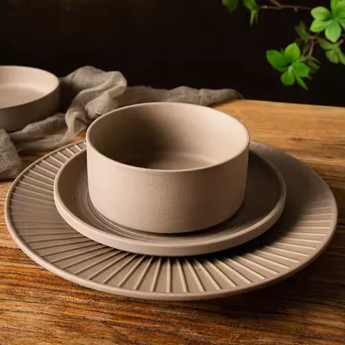 Country Style Dinnerware Round Beige Plate Clay Crockery Set Steak Salad  Dessert Dishes Dinner Sets