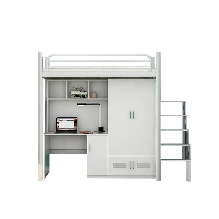 Modern Single Bed Metal Frame Dormitory Bunk Bed with Desk and Wardrobe