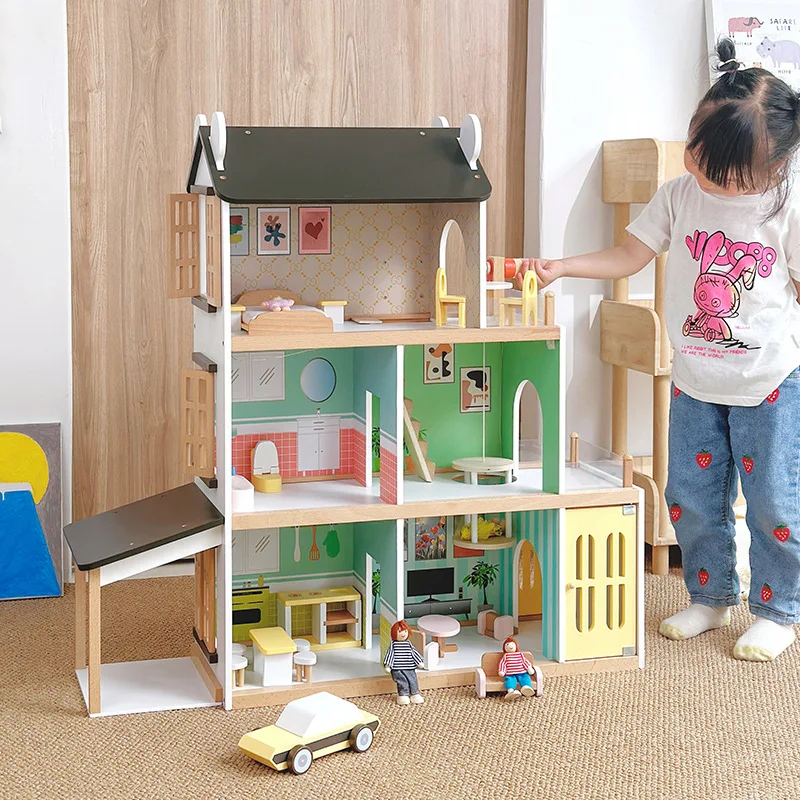 Maison De Poupée Château - Jouet D'Imitation Avec Meubles Et Personnages - Maison à 3 Étages à Assembler - Cadeau Pour Enfants Dès 6 Ans