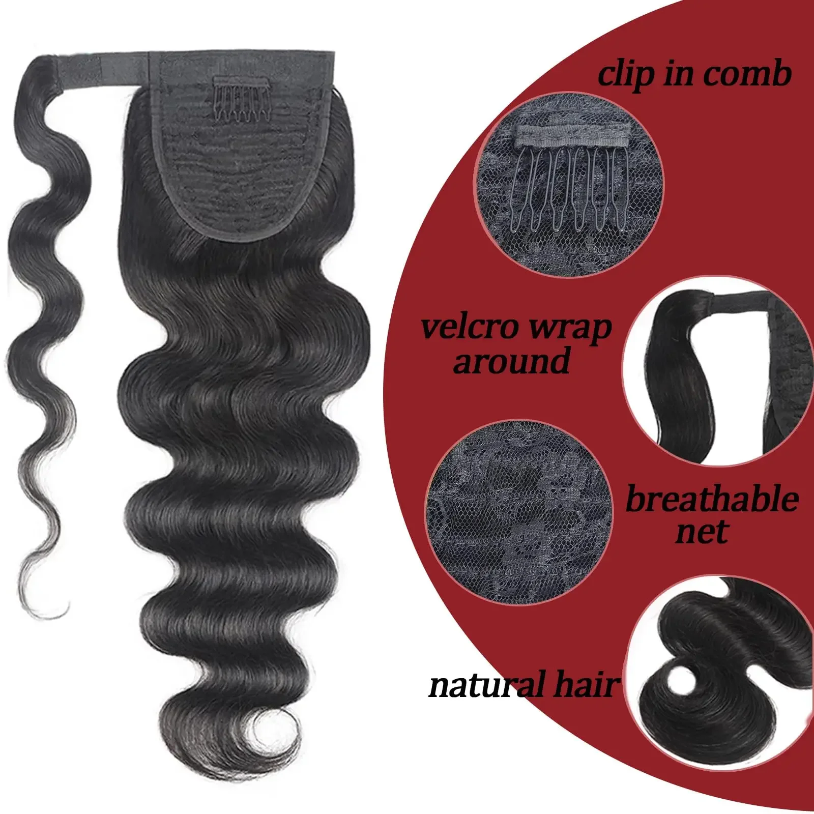 Body Wave Human Hair Ponytail Extension Natural Black Clip In Curly 32 inches_voghion.com