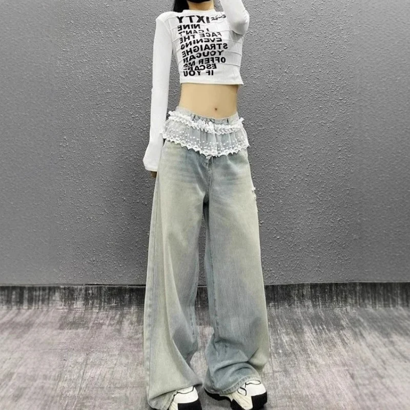Summer New KAKAMEE High Waist Washed Denim Wide-Leg Jeans with Lace Trim Hem Quick Dry Polyester/Cotton for Women