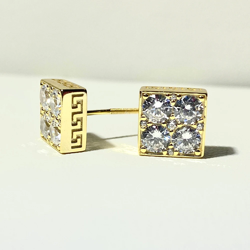 Square Shape Stud Earrings Iced Out Cubic Zirconia Micro Pave Hip Hop Fashion Jewelry Gift For Men Women