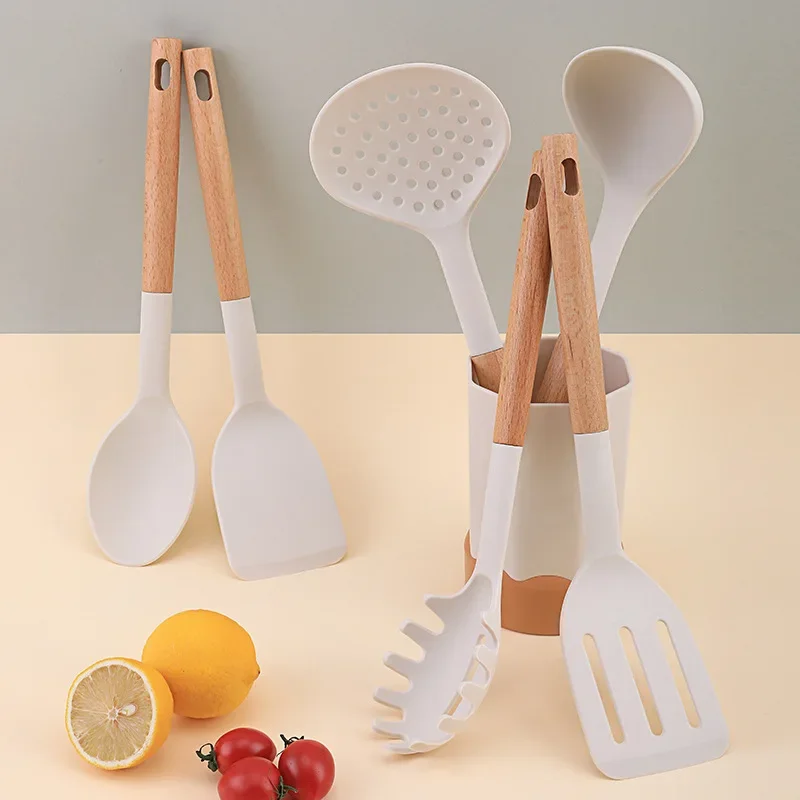 White 7-Piece Novelty Food Grade Silicone Kitchen Utensil Set with Spoons and Spatula Durable Kitchen Tools