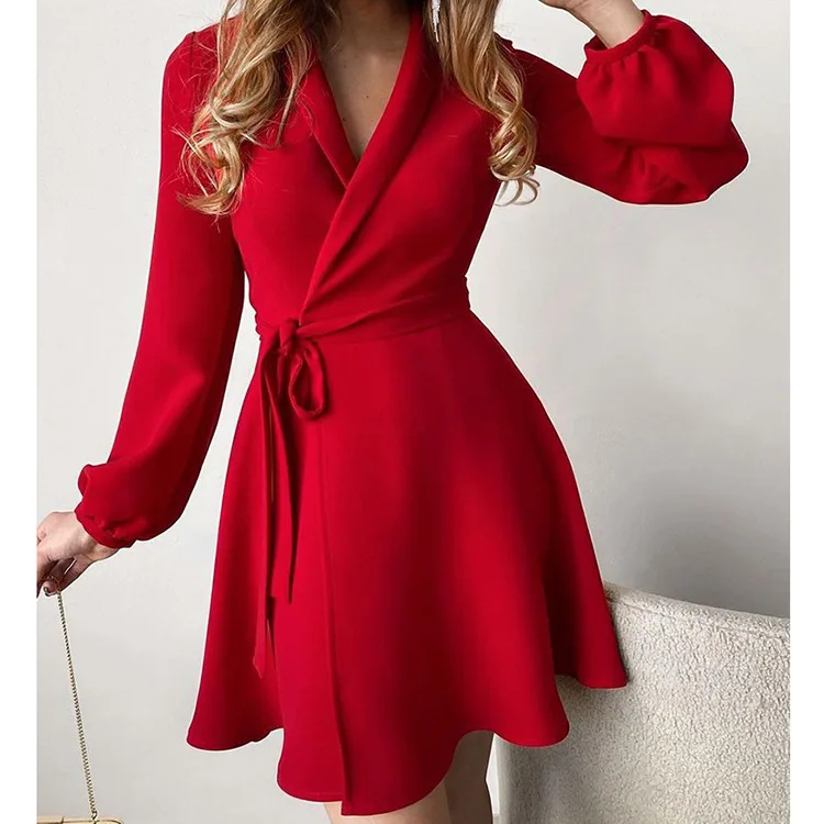 Yiwu Factory Quality Office Party Dress With Belt Elegant Long Sleeve Short Blazer Dress