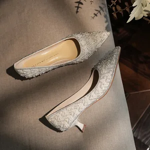 1578-23 Gypsy Rhinestone Pearl High-Heeled Wedding Shoes Sheepskin Bridesmaid & Bride Slippers with Thin Heels Slip-On Closure