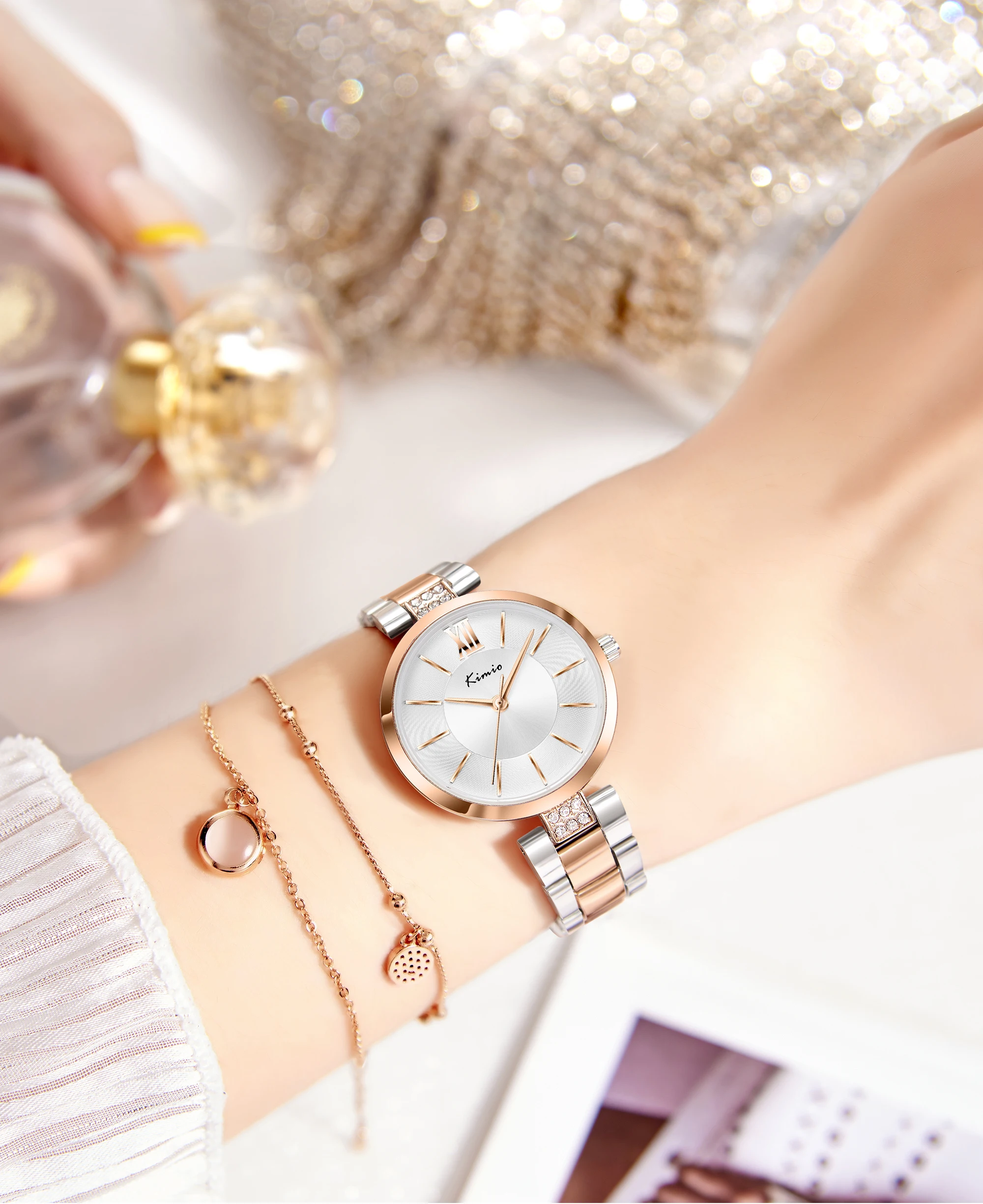 KIMIO New Design OEM Women Stainless Steel Rose Gold Watch Japan Quartz Movt Ladies Bracelet Watch