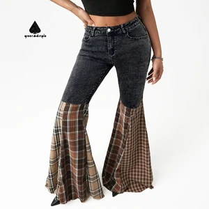 Black Woman Jeans Pant Manufacturer Custom Designer Gingham Splicing Flare Leg Jeans Skinny Pour Femmes Trousers for Women