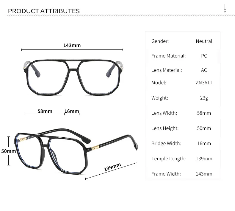 Z3611 Fashion Oversized Glasses Frame Anti Blue Light Glasses Men