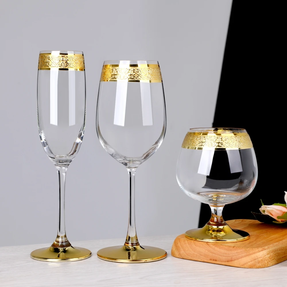 Vintage Crystal Etched Gold Rimmed Pattern champagne Flutes Cognac Cooler Cocktail Wine Glasses with Thick Gold Band Bottom
