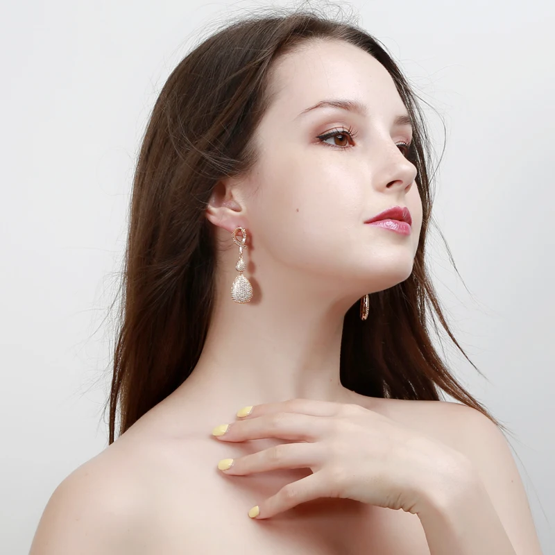 Good Quality Wedding Evening Dress Gold Plate Jewelry Micro Pave Cubic  Zirconia Stones Long Drop Golden Earrings for Women