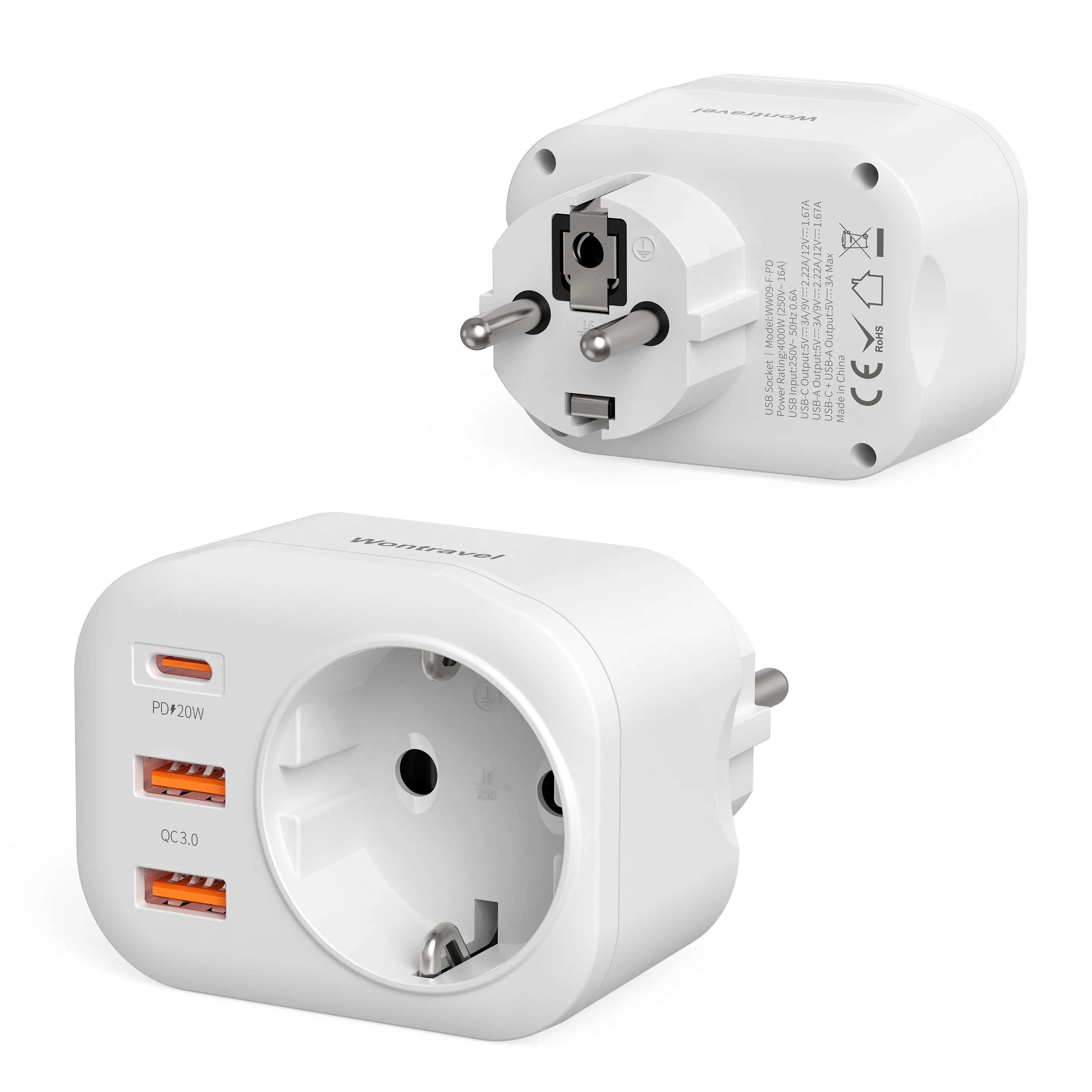 Wontravel 20 PD Own Patent 2 USB Power Strip Surge Protector Outlet Wall Plug Grounded Socket