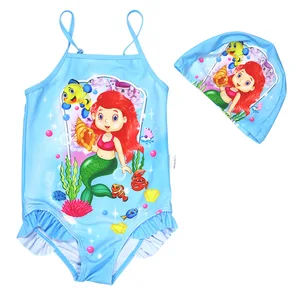 Girls' Cute Cartoon Mermaid Style One-Piece Bathing Suit Swim Cap Princess Swimsuit for Toddlers Big Kids Bikinis Beachwear