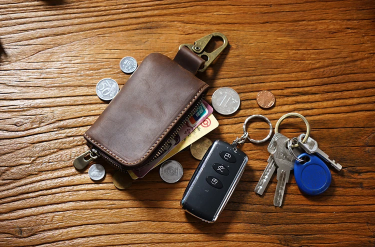 Genuine Leather Vintage Key Holder Organizer With Zip Pouch_voghion.com