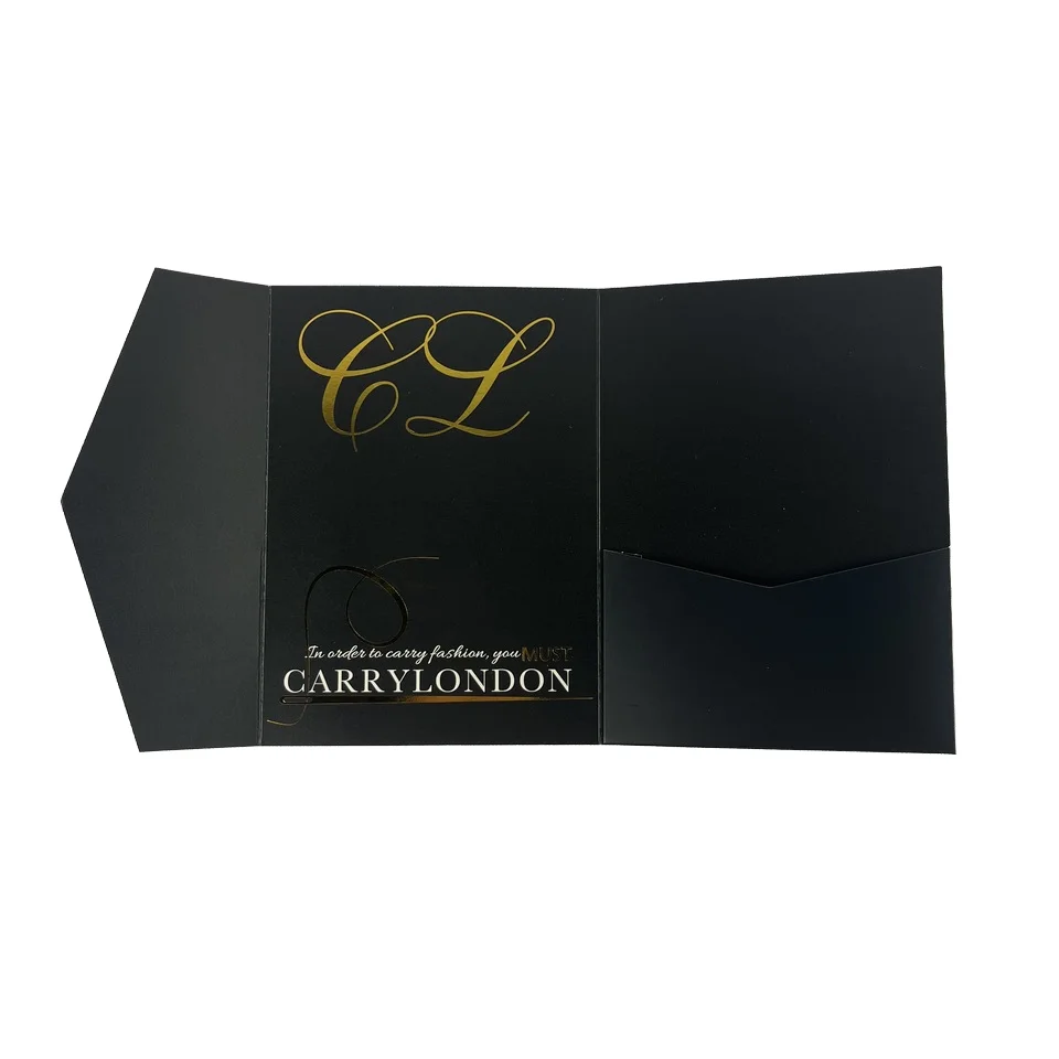 Custom Black Pocket Trifold Wedding Invitation Envelope Gold Stamp Logo  Design Small Gift Thank You Card Envelope with Pocket, image size:960x960