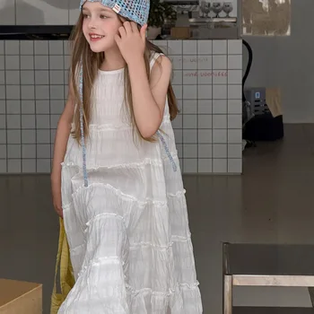 2025 Summer Girls' Casual O-Neck Sleeveless Baby Dresses Solid Color Princess Vacation Style for Big Children Clothes