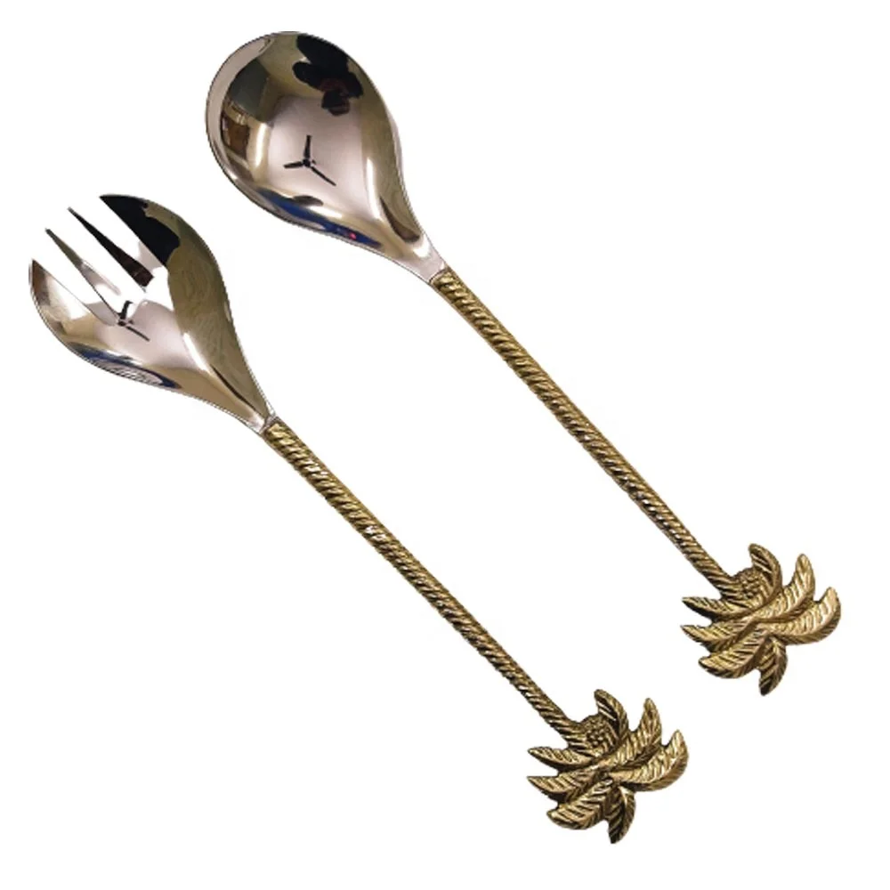 Посеребренная салатная подстилка из нержавеющей стали с латунной тисненой ребристой ручкой Дизайн пальмы Западный салатный сервер бюстгальтеры в стиле