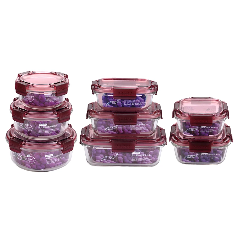 Different Capacity Microwavable Round Crisper Box square Rectangular High Borosilicate Glass Food Storage Container Set