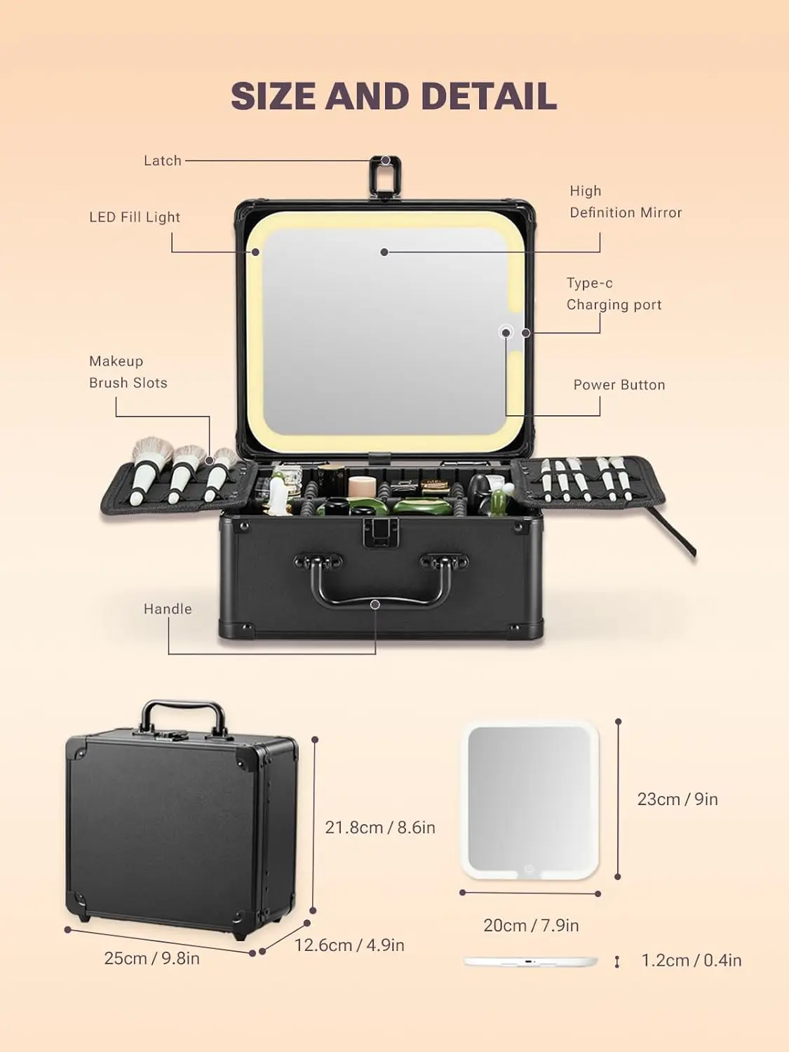 Fashionable Black Makeup Train Case with Large Capacity Adjustable Dividers and LED Mirror Cosmetic Organizer Travel Suitcase