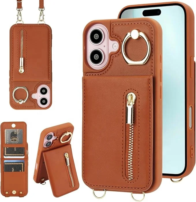 Funda de billetera cruzada Laudtec para iPhone 16 con correa de lanyard, soporte para tarjetas, anillo de bloqueo, soporte magnético y funda con cremallera  