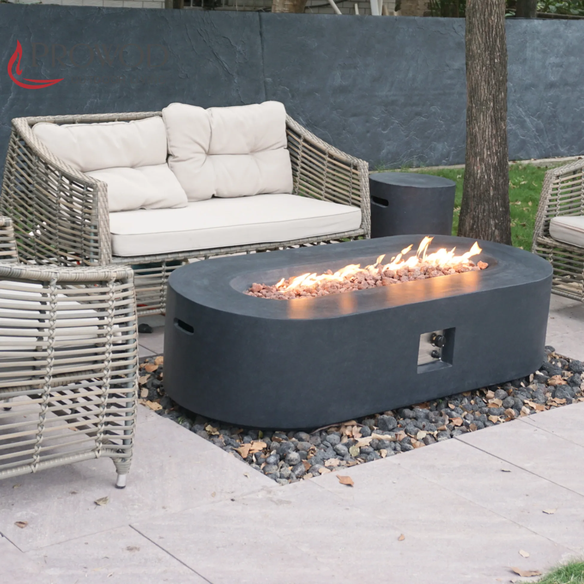 Modern Concrete Fire Pits Table Outdoor Gas Propane Patio Heating Oval