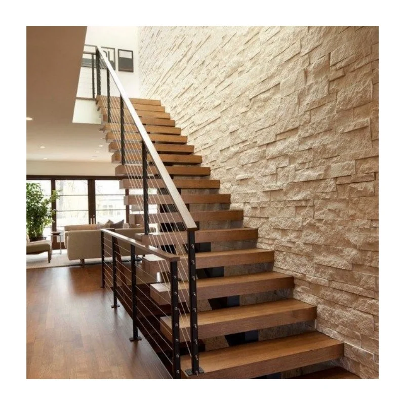 CBMmart Solid Wood Interior Staircase with Led Light Modern Design Steel Beams Covers Exterior Shoe Display Stand with king Post