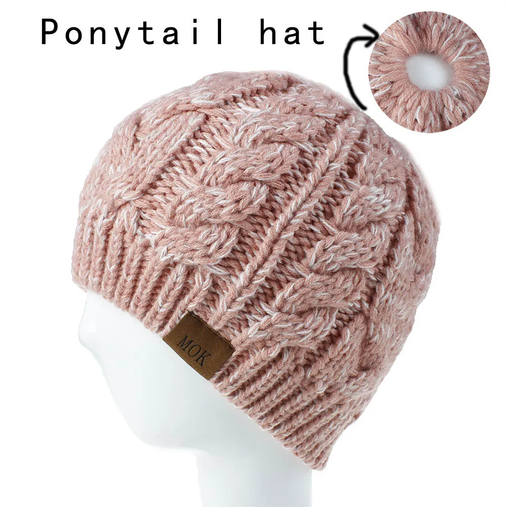 Women Ponytail Messy Bun Cable Stretchy Knit Solid Color Beanie Skull Winter Hat 