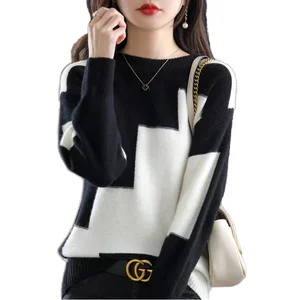 Winter Casual Crewneck Crochet Patchwork Women's Pullover Sweater 100% Polyester Anti-Pilling Breathable 400g Fabric