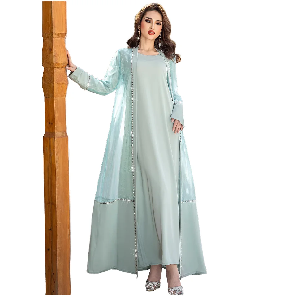 RO5188 Mint Green Sheer Two-Piece Cardigan Cross-Border Dress Elegant  Polyester Abaya Autumn Spring Summer Traditional Muslim| Alibaba.com