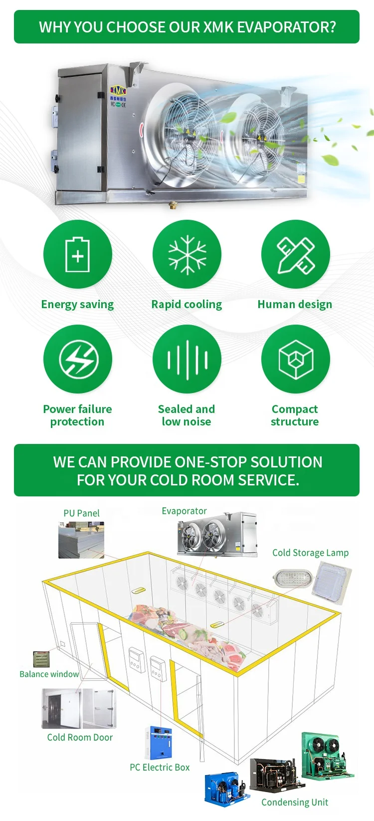 304 Stainless Steel Cold Room System Heater Defrost Evaporator 220v 60hz 3phase Refrigeration Air Cooler