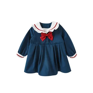 Q2525/High Quality Kids Girls Spring Autumn Clothing Girls Beautiful Smocked Dress with Perter Pan Collar