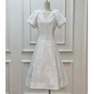 Factory Wholesale New Design Midi White Dress Women Spring Summer Puff Sleeve Lace Hollow Out Flower Elegant Parties Female