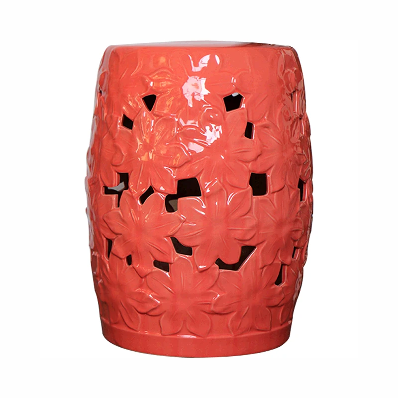 China Factory Wholesale Hollow Ceramic Drum Stool Flower Design Glaze  Ceramic Stool