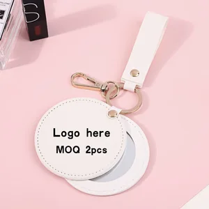 Custom Logo Print Low MOQ PU Leather Gift Keychain Durable Circle Keyring Promotion Gift Round Key Holders Beauty Mirror