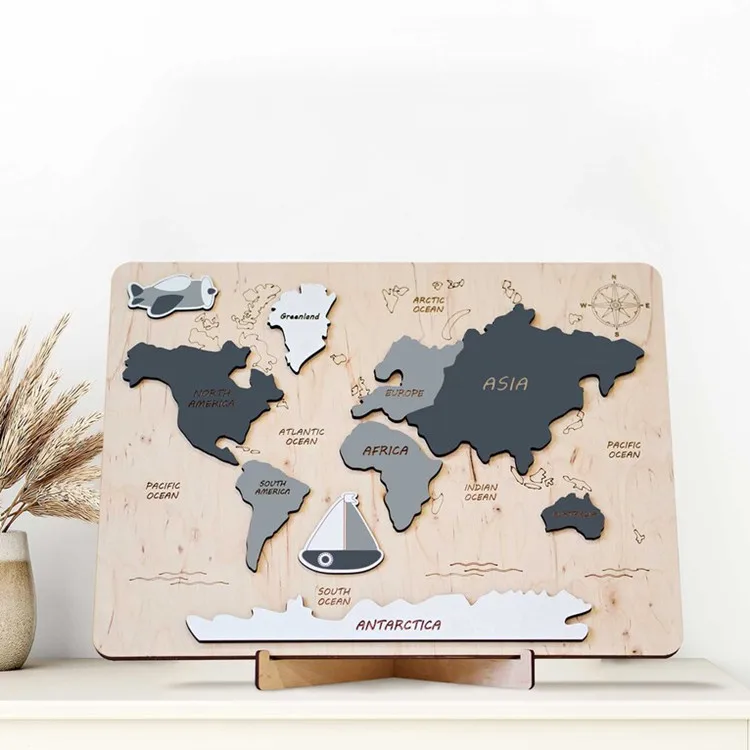 Wooden World Map Puzzle Colour Printing Montessori Puzzle Map for Child