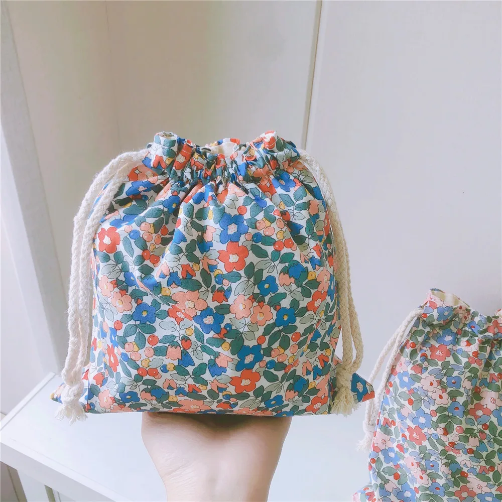 Small Floral Drawstring Bag Vintage Party Gift Cotton Drawstring