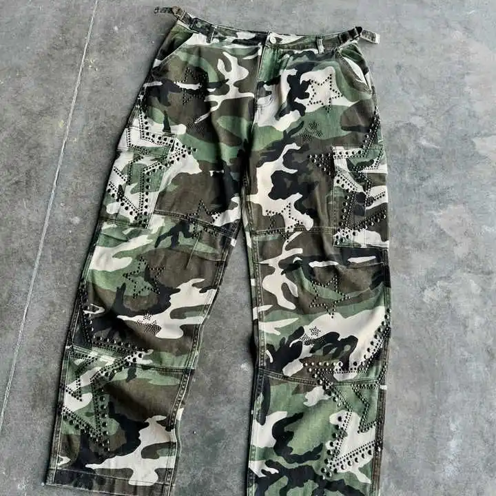 Salati Manufacturer Designer Camouflage Cargo Pants Streetwear Work Tactical Baggy Trousers Rhinestone logo Cargo Camo Pants Men gallery 3