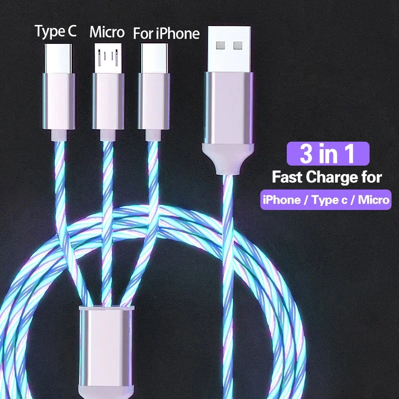 3 in 1 LED Phone Charger Cable TPE USB Type C Micro USB Glowing Charging Cord for Smartphone Tablet