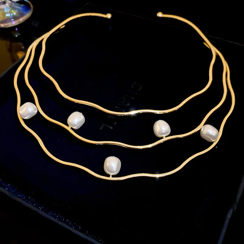 Wave Pearl Three Layer Collar European and American Cold Wind Exaggerated Design Sense Necklace