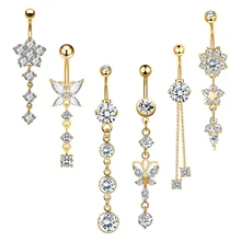 6Pcs/Set Stainless Steel Belly Piercing Rings Butterfly Chain Belly Button Ring Set Ladies Classic Dangle Jewelry Daily Wear